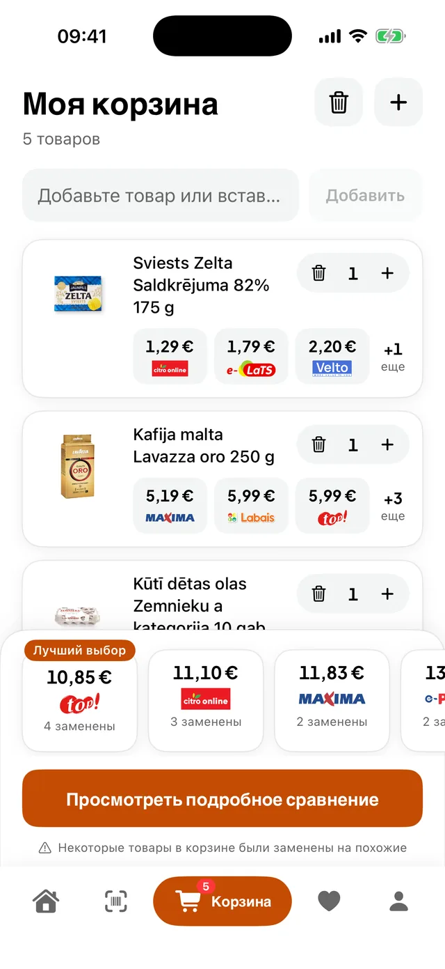 Умная корзина: итог в каждом магазине