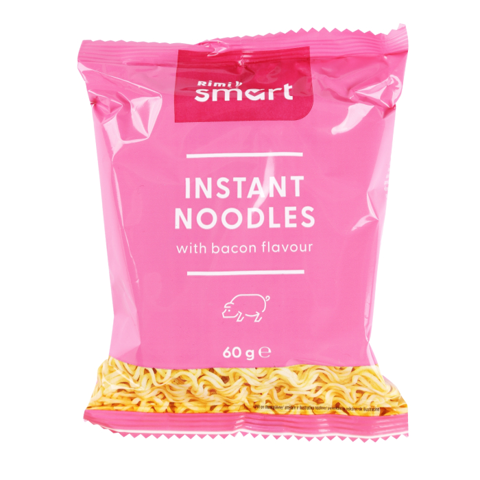 ĀTRI PAGATAVOJAMĀS NŪDELES RIMI SMART AR BEKONA GARŠU 60G