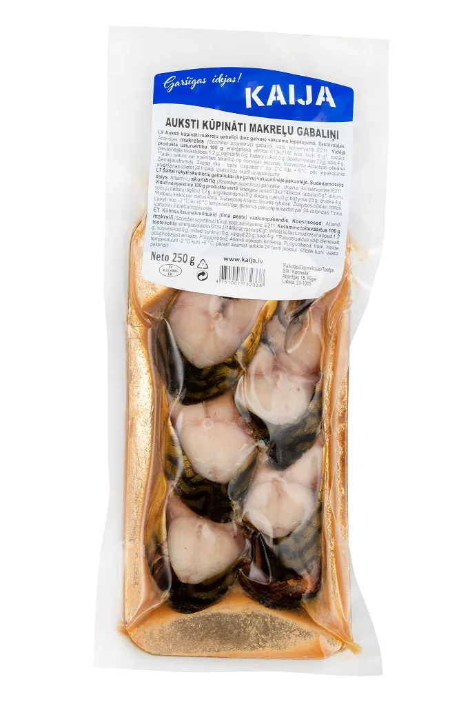 MAKRELES BEZ GALVAS AUKSTI KŪPINĀTAS, SAGRIEZTAS, VAKUUMA IEPAKOJUMĀ KAIJA, 250 G