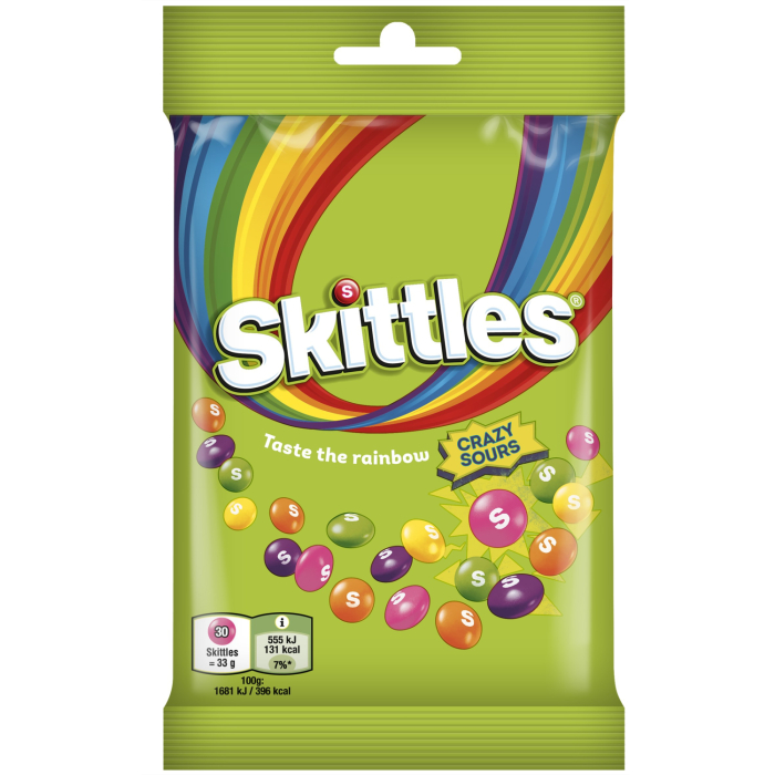 KOŠĻĀJAMĀS KONFEKTES SKITTLES CRAZY SOURS KRAUKŠĶĪGĀ CUKURA GLAZŪRĀ AR SKĀBU AUGĻU GARŠU 95G