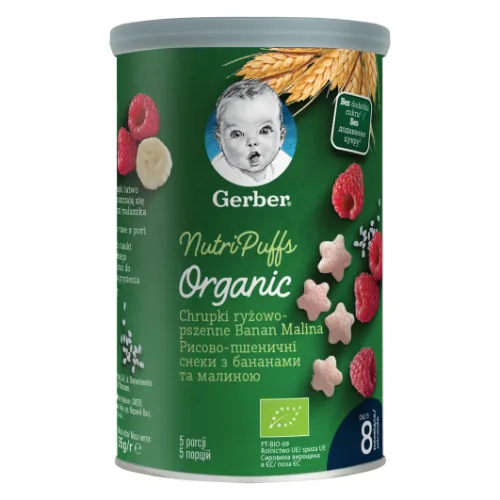 RĪSU KVIEŠU KREKERI GERBER ORGANIC, BANĀNU AVEŅU, 8 MĒN., 35G