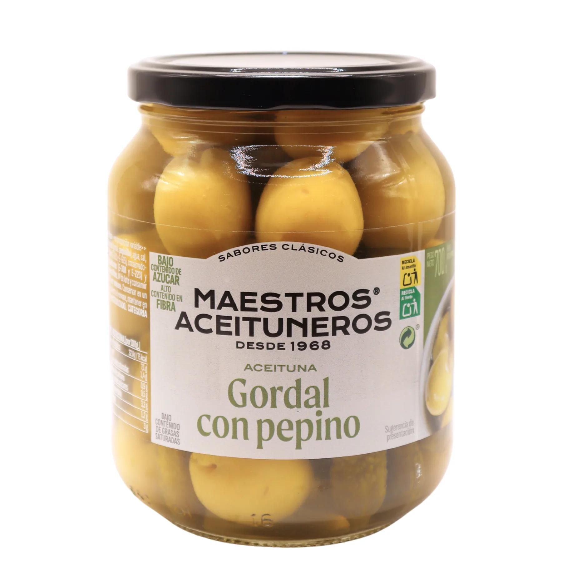 ZAĻĀS OLĪVAS GORDAL BEZ KAULIŅEM, AR PIPARGURĶĪŠIEM MAESTROS ACEITUNEROS, 700G/300G