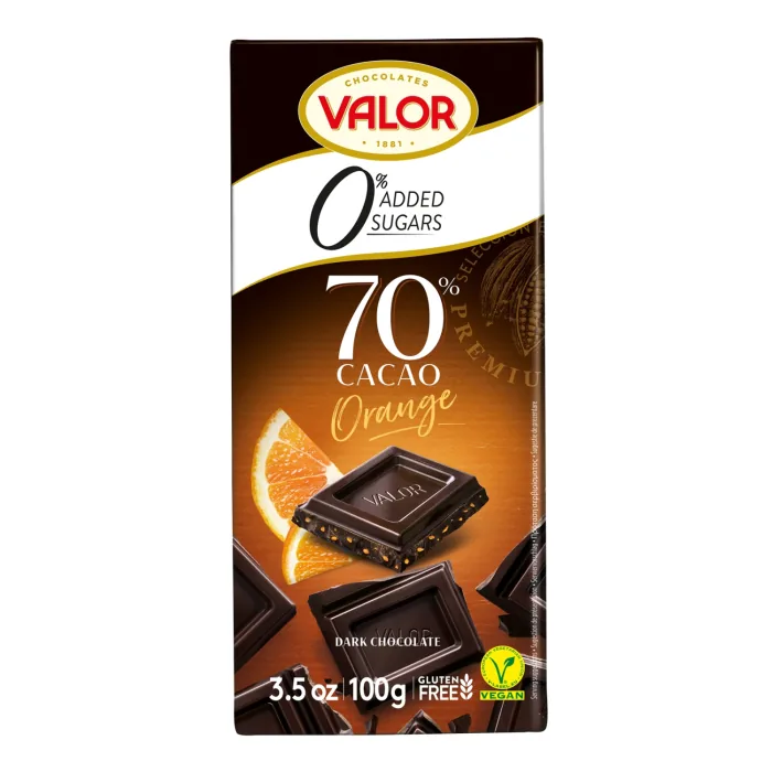 TUMŠĀ ŠOKOLĀDE VALOR AR APELSĪNU GABALIŅIEM, BEZ CUKURA AR SALDINĀTĀJIEM 70% 100G