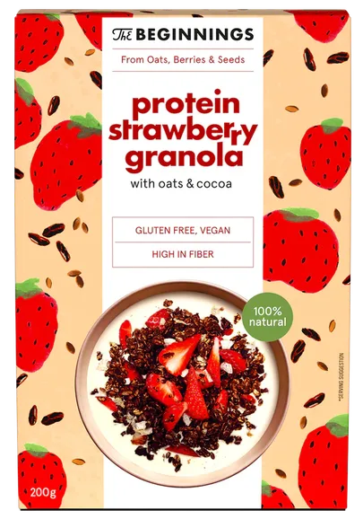 The Beginnings proteīna ar auzām, kakao un zemenēm granola, 200 g