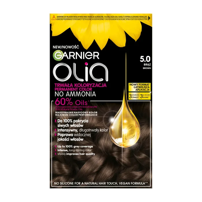 MATU KRĀSA GARNIER OLIA ILGNOTURĪGA, UZ EĻĻAS BĀZES BEZ AMONJAKA 5.0 BRŪNA 1GAB.