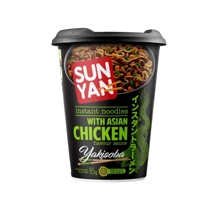 ĀTRI PAGATAVOJAMĀS NŪDELES SUN YAN YAKISOBA AR ĀZIJAS VISTAS GARŠAS MĒRCI 85G