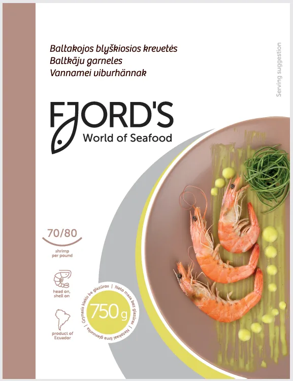 BALTKĀJU GARNELES FJORD'S, SALDĒTAS, JĒLAS, AR GALVU, ČAULĀ, 70/80, 750G, HOSO RAW