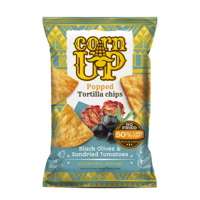TORTILJAS ČIPSI RICE UP AR MELNO OLĪVU UN SAULĒ KALTĒTU TOMĀTU GARŠU 60G