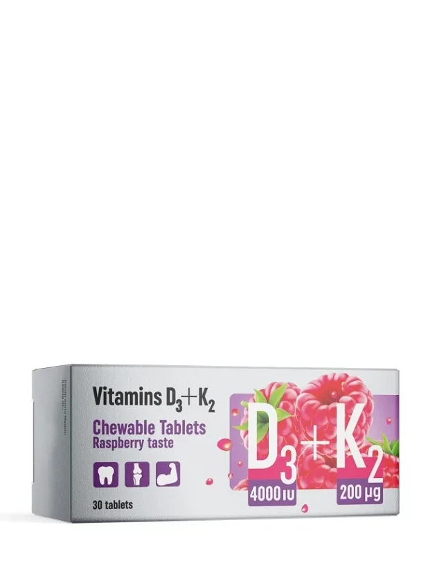 Vitamīni D3+K2, 30 košļājamas tabletes