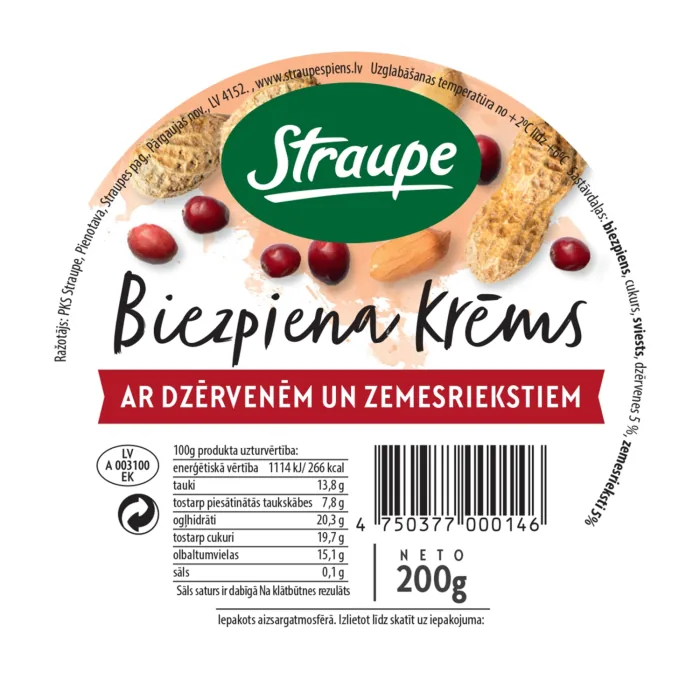 BIEZPIENA KRĒMS STRAUPE AR DZĒRVENĒM UN ZEMESRIEKSTIEM 200G