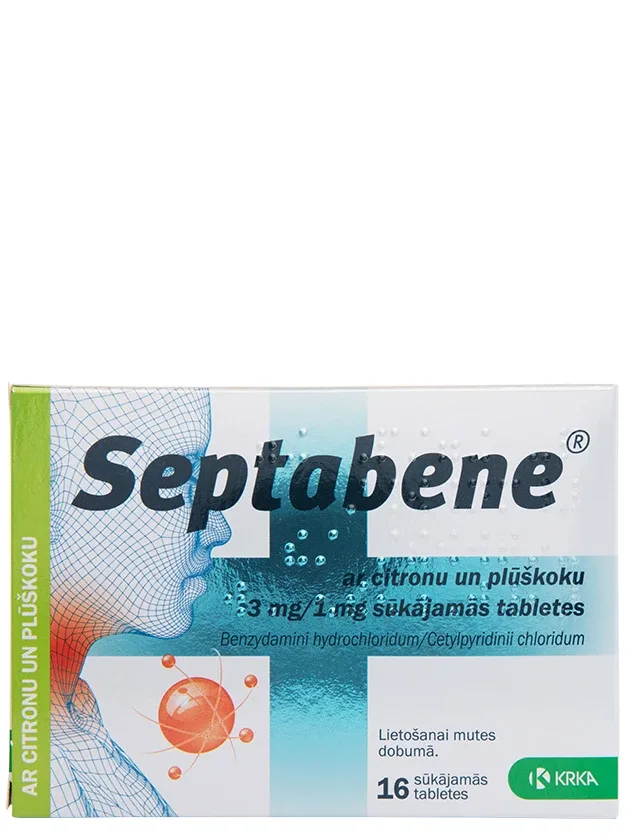 Septabene sūkājamās tabletes (citrons, plūškoks), 16 gb.