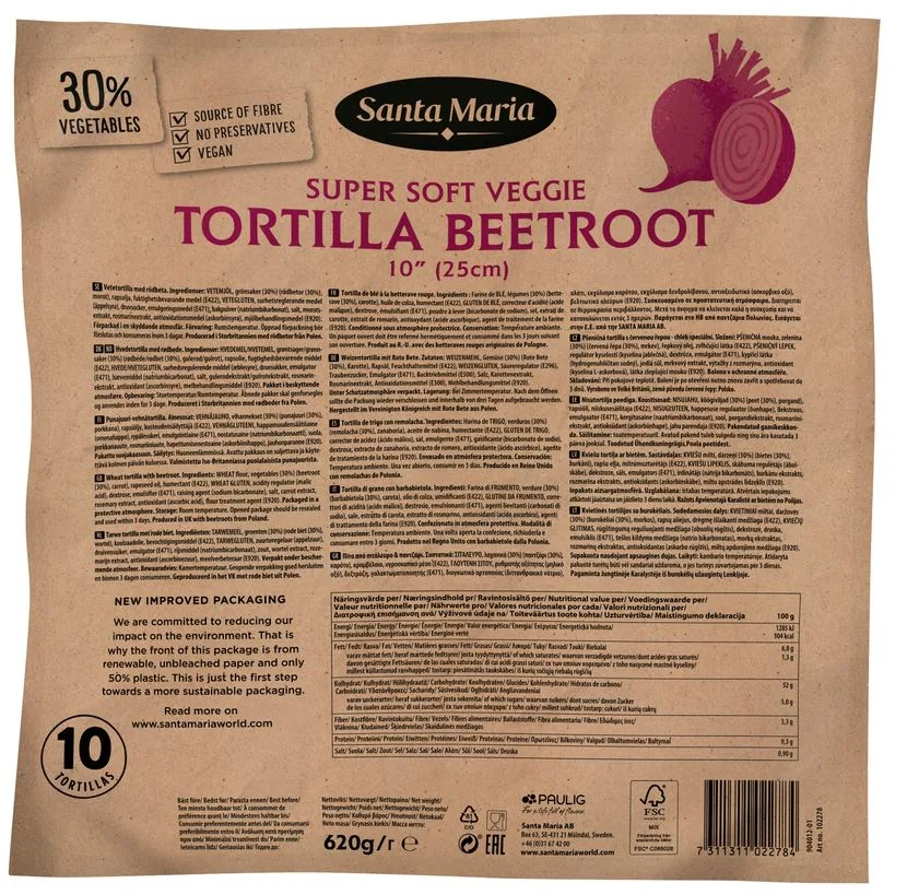 KVIEŠU TORTILJAS AR BIETĒM 10'', 25 CM (10X8), SANTA MARIA