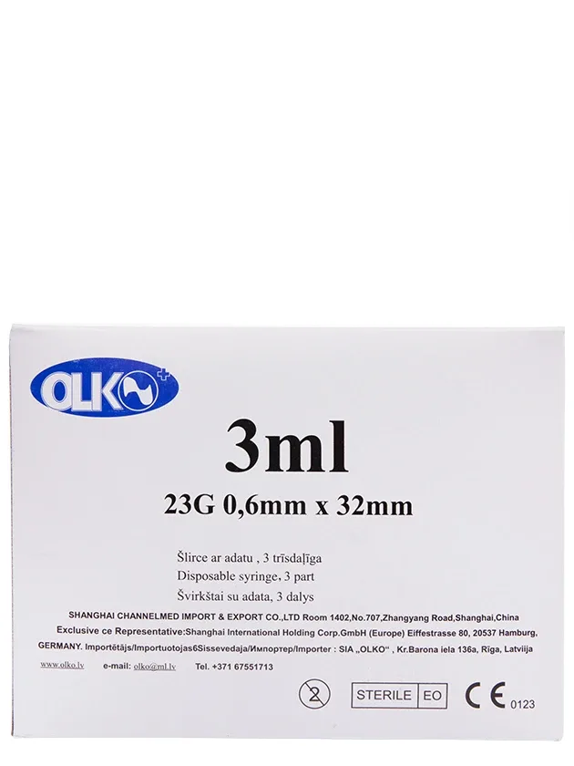 Olko šļirce 3 ml, 23 g, 3-daļīga, ar adatu 0.6 x 32 mm, 100 gb.