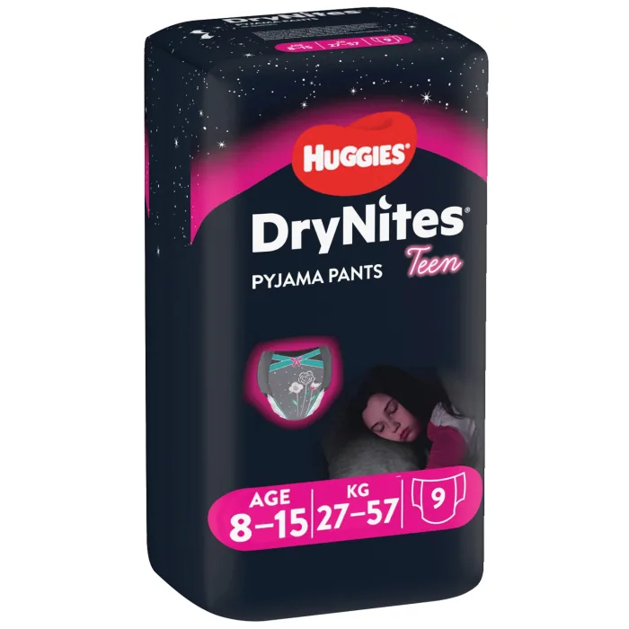BIKSĪTES HUGGIES DRY NITES GIRL 8-15 GADI/27-57KG. 9GB
