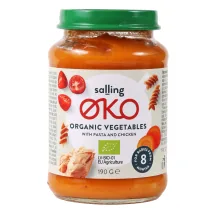 EKOLOĢISKS DĀRZEŅU BIEZENIS SALLING OKO AR VISTAS GAĻU UN MAKARONIEM NO 8 MĒNEŠIEM 190G
