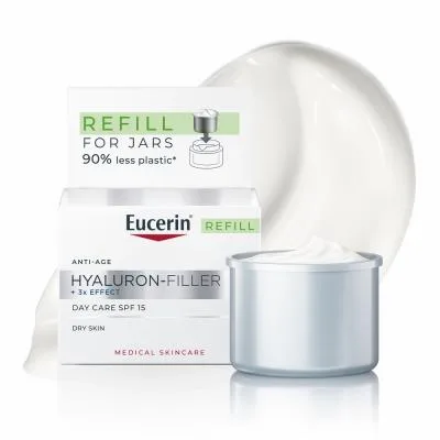 Eucerin Hyaluron-Filler +3X Effect dienas krēms ar SPF 15 sausai ādai, atkārtoti uzpildāms iepakojums (refill) 50 ml