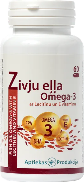 Aptiekas Produkcija zivju eļļa omega-3 ar lecitīnu un E vitamīnu kapsulas, 60 gab.
