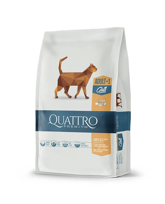 SAUSĀ BARĪBA PIEAUGUŠIEM KAĶIEM QUATTRO PREMIUM, VISĀM SUGĀM, AR MĀJPUTNU, 1.5KG