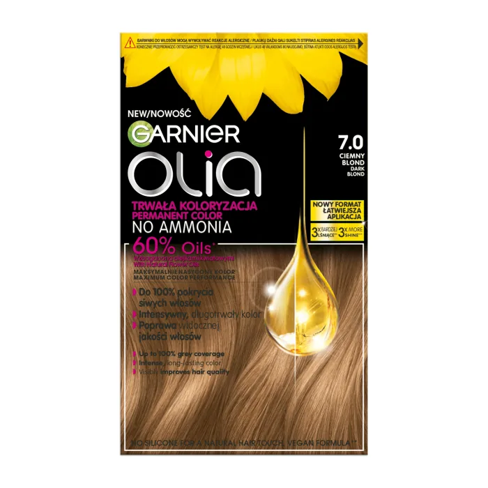 MATU KRĀSA GARNIER OLIA ILGNOTURĪGA, UZ EĻĻAS BĀZES BEZ AMONJAKA 7.0 TUMŠI BLONDA 1GAB.