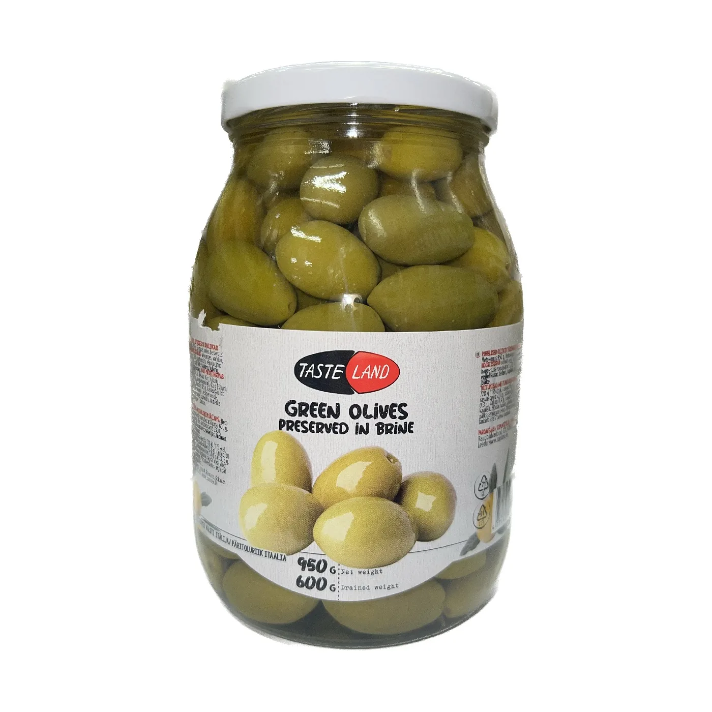 ZAĻĀS OLĪVAS, LIELAS, AR KAULIŅIEM TASTE LAND, SĀLĪJUMĀ, 950G/600G