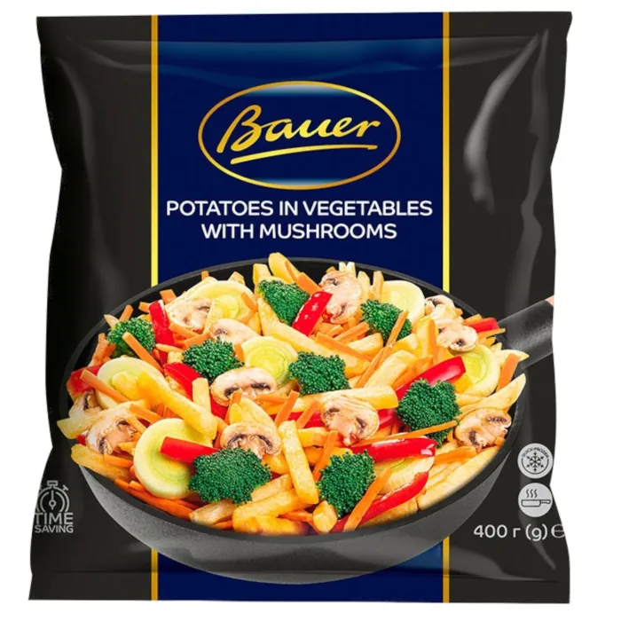 KARTUPEĻI BAUER AR DĀRZEŅIEM UN SĒNĒM, SALDĒTI 400G