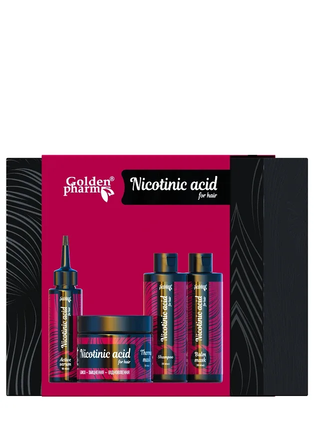 Dāvanu komplekts matiem nikotinskābes (serums, balzāms, matu šampūns, matu termo maska), matu termo maska)