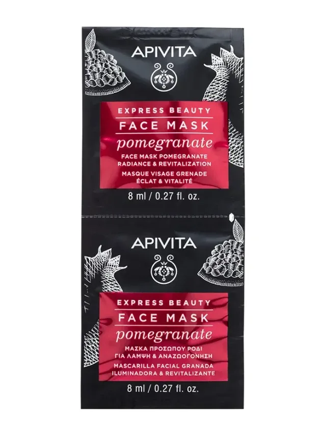 Apivita Express sejas maska mirdzumam un revitalizācijai ar granātābolu, 2 x 8 ml
