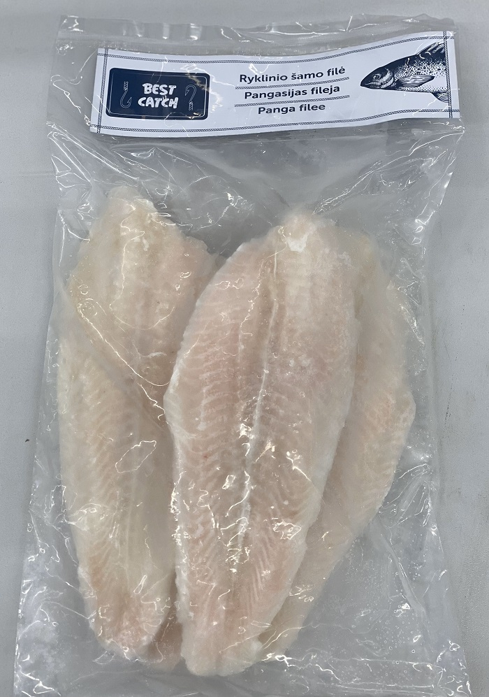 PANGASIJAS FILEJA BEST CATCH, SALDĒTA, 170-220G, BEZ ĀDAS, BEZ GLAZŪRAS, AR PIEVIENOTU ŪDENI, 800G