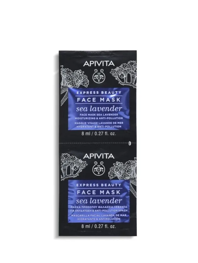 Apivita Express mitrinoša un pretpiesārņojuma sejas maska ar jūras lavandu, 2 x 8 ml