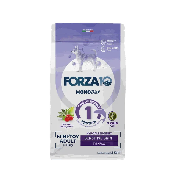 FORZA10 Monodiet Sensitive Skin mini/toy adult ar zivi, suņiem sausā barība, 1,5 kg