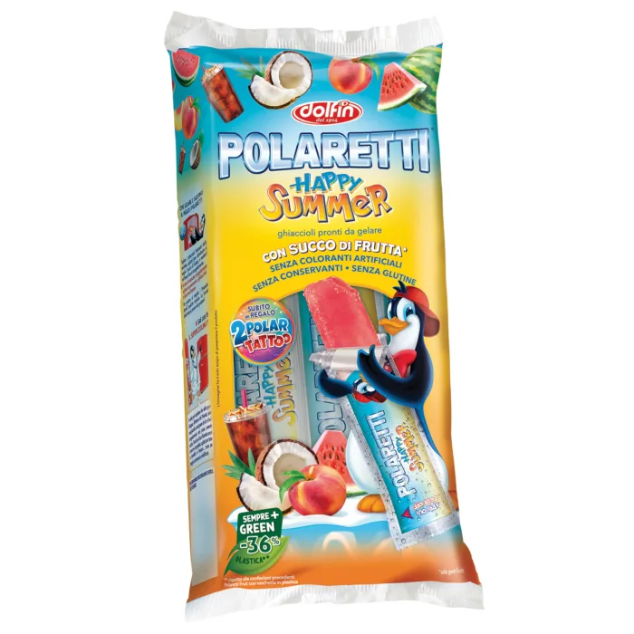 SULAS SALDĒJUMS DOLFIN HAPPY SUMMER AR ARBŪZA, PERSIKU, KOKOSRIEKSTU UN KOLAS GARŠU 10 GAB. X 40ML