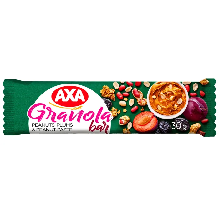 GRANOLA BATONIŅŠ AXA AR ZEMESRIEKSTIEM, PLŪMĒM UN ZEMESRIEKSTU PASTU 30G