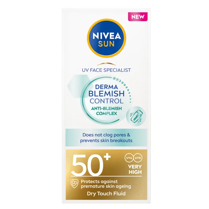 SAULES AIZSARGŠĶIDRUMS NIVEA SUN DERMA BLEMISH CONTROL TAUKAINAI ĀDAI UN ĀDAI AR NOSLIECI UZ NEPILNĪBU VEIDOŠANOS, SPF50+, ĻOTI AUGSTA AIZSARDZĪBA 40ML