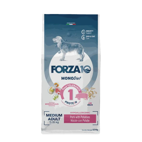 FORZA10 Monodiet Medium Adult ar cūku un kartupeļiem, suņiem sausā barība, 12 kg