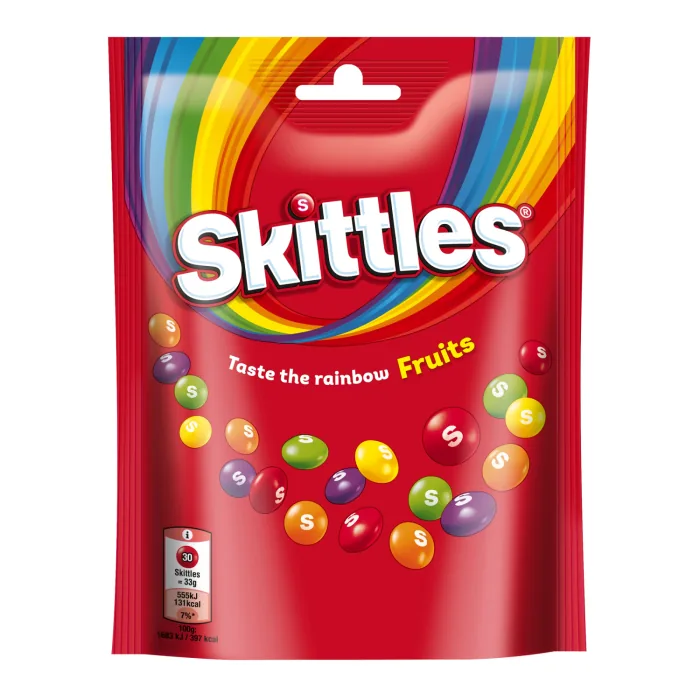 KOŠĻĀJAMĀS KONFEKTES SKITTLES KRAUKŠĶĪGĀ CUKURA GLAZŪRĀ AR SKĀBU AUGĻU GARŠU 152G