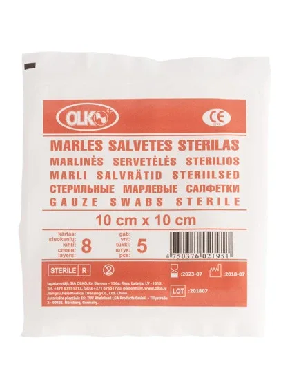 Olko Sterilas Marles salvetes, 10 cm X 10 cm, 5 gb.