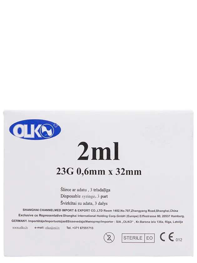 Olko šļirce 2 ml, 23 g, 3-daļīga, ar adatu 0.6 x 32 mm, 100 gb.