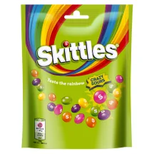 KOŠĻĀJAMĀS KONFEKTES SKITTLES CRAZY SOURS KRAUKŠĶĪGĀ CUKURA GLAZŪRĀ AR SKĀBU AUGĻU GARŠU 152G