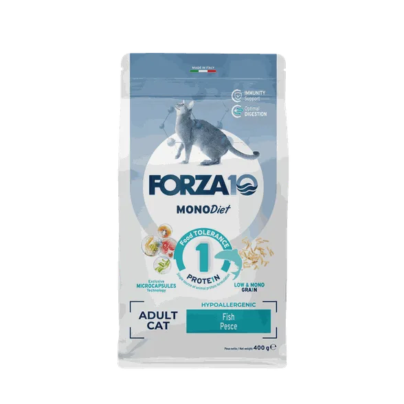 FORZA10 Monodiet Adult Cat ar zivi, kaķiem sausā barība, 400 g