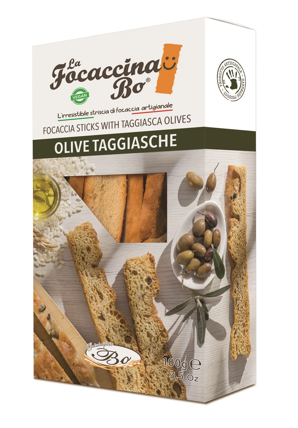 MAIZES STANDZIŅAS FOCACCINA  OLIVE TAGGIASCHE, AR OLĪVĀM UN RĪSU EĻĻU, ROKU DARBS, 100G
