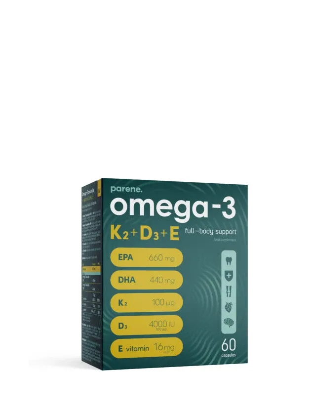 Parene omega-3 zivju eļļa + vitamīni D3 + K2 + E kapsulas, 60 gb.
