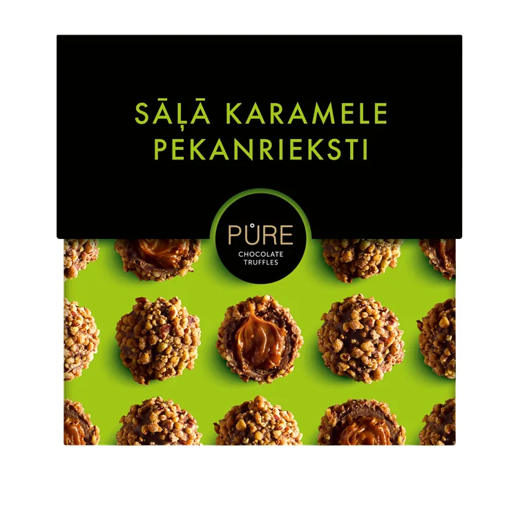 PIENA ŠOKOLĀDES TRIFELES AR SĀĻĀS KARAMELES KRĒMA PILDĪJUMU UN PEKANRIEKSTA DEKORU 110 G, PURE