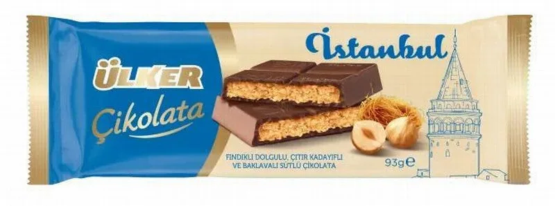 CHOCOLATE ULKER ISTANBUL HAZELNUT FILLED CRISPY KADAYIF & BAKLAVA AND MILK 93G