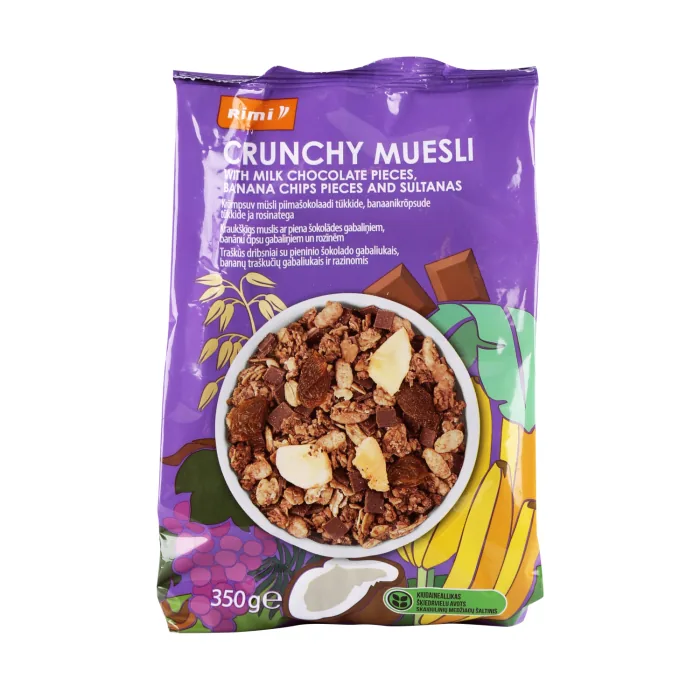 MUSLI RIMI AR ŠOKOLĀDES GABALIŅIEM, BANĀNU ČIPSIEM UN ROZĪNĒM 350G