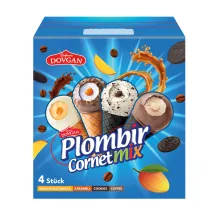 SALDĒJUMS PLOMBIR CORNET MIX MANGO, KARAMELES, CEPUMU, KAFIJAS GARŠAS 4 GAB. 280G/440ML