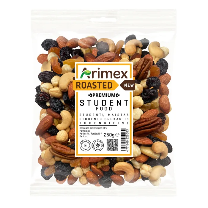 STUDENTU BROKASTIS ARIMEX PREMIUM AR GRAUZDĒTIEM RIEKSTIEM 250G