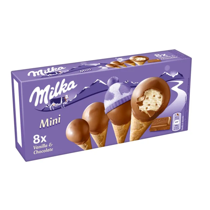 SALDĒJUMS MILKA MINI VAFEĻU KONUSI AR PIENA ŠOKOLĀDES GABALIEM, PĀRKLĀTI AR PIENA ŠOKOLĀDI 200ML/141G