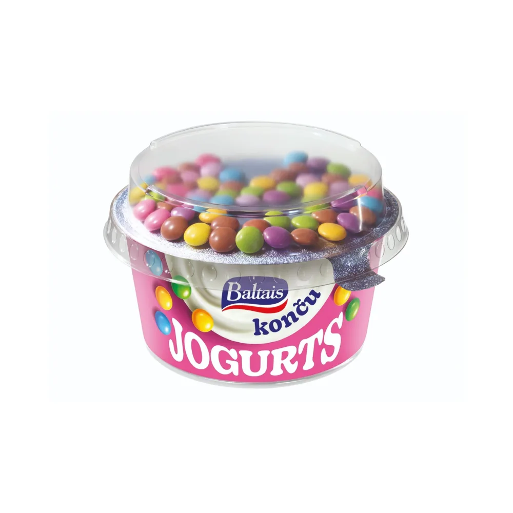BALTAIS JOGURTS KONČU AR ŠOKOLĀDES KONFEKTĒM GLAZŪRĀ, 165G
