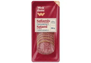 AUKSTI KŪPINĀTA SALAMI DESA AR SIERU WELL DONE 50G