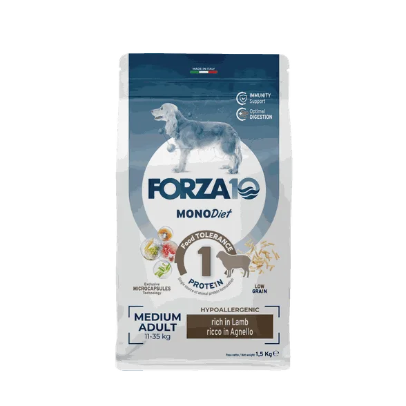 FORZA10 Monodiet Medium Adult ar jēru, suņiem sausā barība, 1,5 kg